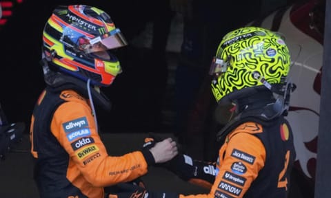 Oscar Piastri of Australia congratualtes the victory to McLaren driver Lando Norris (AP) 