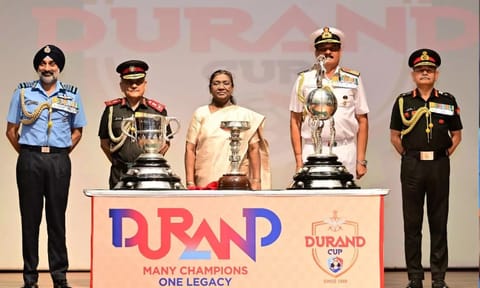 President Droupadi Murmu unveiled the Trophies of the 2025 Durand Cup Football Tournament (PIB)
