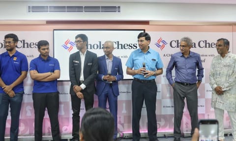 GM Viswanathan Anand, R Praggnanandhaa, Aravindh Chithambaram and other players onstage during the event