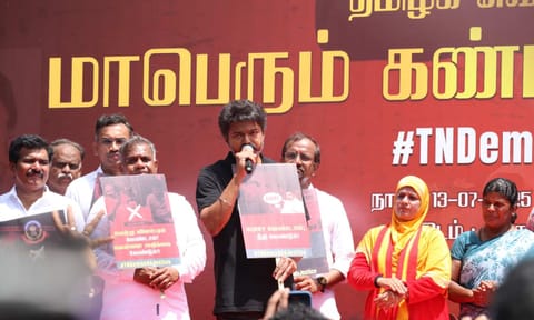 Founder-chief of Tamilaga Vettri Kazhagam, actor-politician Vijay addressing TVK's protest rally in Chennai (Photo: Hemanathan M) 
