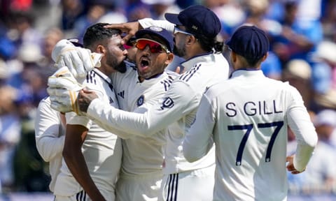 India's bowler Mohammed Siraj celebrates with teammates after taking the wicket of England's batter Ben Duckett during the fourth day of the third Test match between India and England, at the Lord's Cricket Ground, in London, Sunday, July 13, 2025 (PTI) 