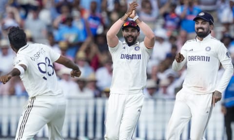India's bowler Jasprit Bumrah celebrates with teammates after taking the wicket of England's batter Brydon Carse during the fourth day of the third Test match between India and England, at the Lord's Cricket Ground, in London, Sunday, July 13, 2025 (PTI) 