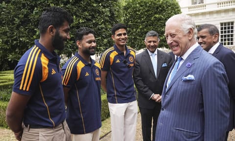 Britain's King Charles III meets members of the India cricket team in the gardens of Clarence House 