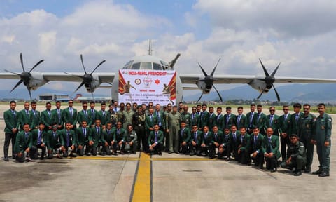 Nepal's Tribhuvan Army team at Kathmandu Airport before being airlifted by IAF aircraft to Kolkata 