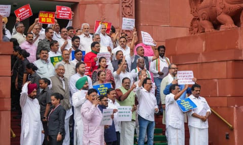 Opposition MPs stage a protest against the ongoing Special Intensive Revision (SIR) in Bihar, during the Monsoon session of Parliament (PTI)