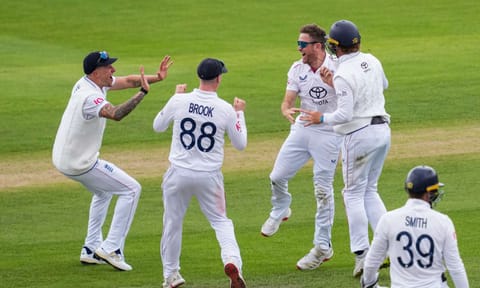 England's Liam Dawson celebrates with teammates after taking the wicket of India's Yashasvi Jaiswal on day one of the fourth test cricket match between India and England, at the Old Trafford Cricket Ground, in Manchester, Wednesday, July 23, 2025 (PTI) 