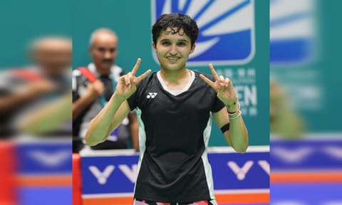 Unnati Hooda celebrates her China Open 2025 R16 win over PV Sindhu 