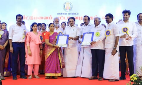 Minister KKSSR Ramachandran, distributed the pattas to the beneficiaries in the presence of Housing Minister S Muthusamy, and HR&CE Minister PK Sekarbabu 