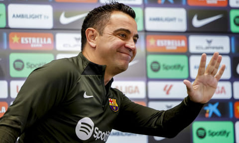 Barcelona's head coach Xavi Hernandez gestures during a press conference in Barcelona, Spain, Saturday, May 25, 2024 (AP) 