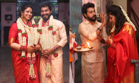 Madhampatty Rangaraj and Joy Crizildaa at their temple wedding (Instagram) 