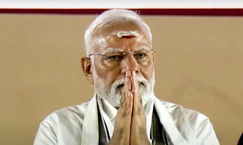 In this screenshot from a video via @pmoindia on July 27, 2025, Prime Minister Narendra Modi takes part in Aadi Thiruvathirai festival, organised to mark the birth anniversary of the iconic Chola king Rajendra Chola-I 