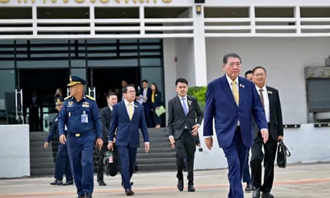 In this photo released by The Government Spokesman Office. Thailand’s acting Prime Minister Phumtham Wechayachai, front, departs from Military Airport in Bangkok, to Malaysia, to attend a meeting to discuss regional peace at the Prime Minister’s Office of Malaysia, with Cambodian Prime Minister Hun Manet, Monday, July 28, 2025. (The Government Spokesman Office via AP)