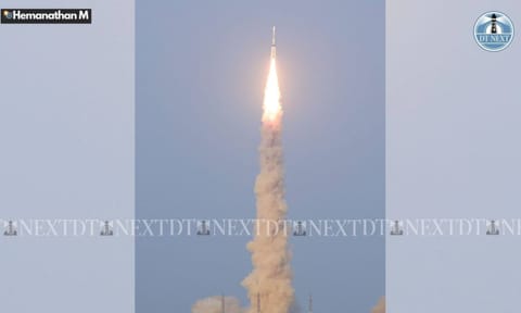 ISRO's launch vehicle GSLV-F16 carrying the NISAR earth observation satellite lifts off from the launch pad at the Satish Dhawan Space Centre, in Sriharikota, Andhra Pradesh, Wednesday, July 30 (Photo: Hemanathan M) 
