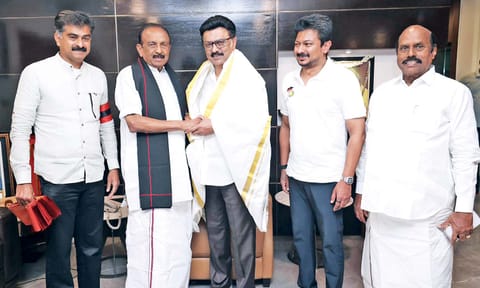 MDMK chief Vaiko with Chief Minister MK Stalin on Friday 