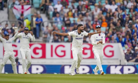 India's Mohammed Siraj and teammates appeal for the wicket of England's Jamie Overton during the fifth day of the fifth Test match between India and England, at The Oval cricket ground, in London, England (PTI) 