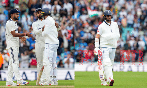India's KL Rahul and Akash Deep interact with England's Chris Woakes following India's victory in the fifth Test match against England, at The Oval cricket ground. The series ended in a 2-2 draw. (PTI)