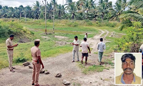 Police personnel at the spot where the accused was shot dead; M Manikandan (inset)