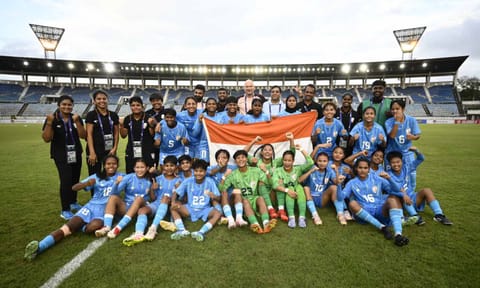 The U-20 India team celebrates after securing qualification 