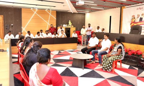 Sanitation workers on Monday met Tamilaga Vettri Kazhagam (TVK) president and actor Vijay at his party headquarters in Panaiyur (X) 