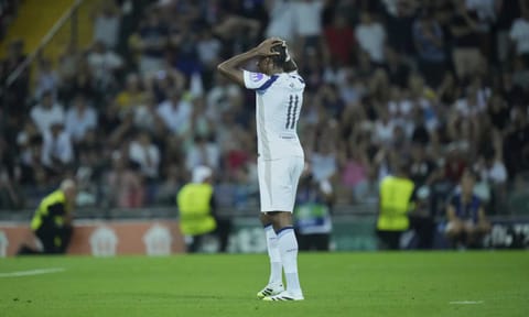 Tottenham's Mathys Tel reacts during the penalty shootout the UEFA Super Cup soccer match between Paris Saint-Germain and Tottenham Hotspur in Udine, Italy (AP) 
