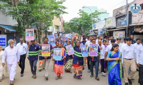 More than 200 sanitary workers participated in the rally carrying placards thanking CM MK Stalin for announcing special schemes 