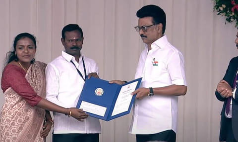 Avadi Corpn Commissioner R Saranya and Mayor Udhayakumar receiving the award from CM Stalin on Friday 