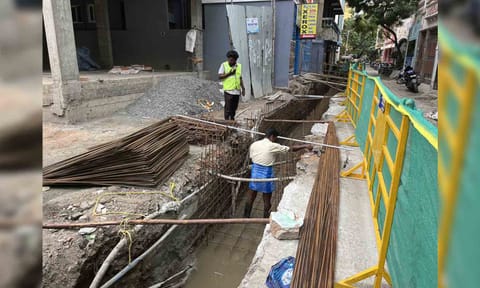 SWD construction is underway at Ramanujakoodam Street in Old Washermenpet 