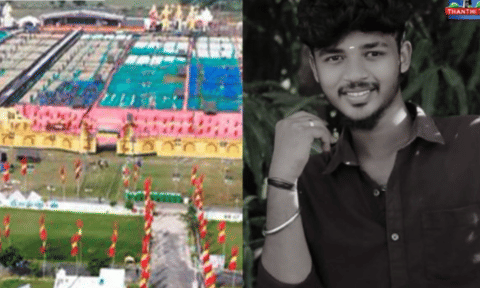 Youth attempting to set up the banner for TVK's conference dies (Photo/X@ThanthiTV)