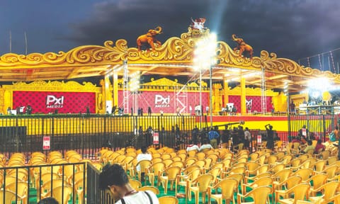 A huge dais has been set up at the TVK conference venue in Madurai for the Thursday's event