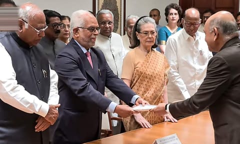 INDIA bloc's vice presidential candidate B Sudershan Reddy files his nomination, in New Delhi, Wednesday, Aug. 20, 2025 (PTI) 