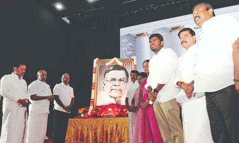 Health Minister Ma Subramanian and state BJP leaders at a meeting organised to pay tributes to La Ganesan at Kalaivanar Arangam 
