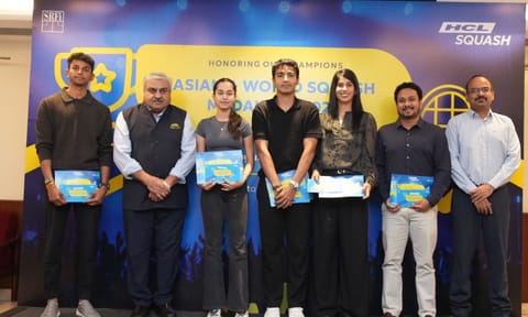 Velavan Senthilkumar, Anil Wadhwa (President, SRFI), Anahat Singh, Abhay Singh, Joshna Chinappa, Gautam Das, Rajat Chandolia (HCL Group) at the SRFI felicitation event