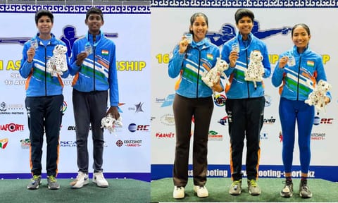 Tanisska Senthilkumar and Yugan Sakthivel with the gold medal; The trio of Nilaa Raaja Baalu, Tanisska Senthilkumar and Anthra Rajsekar atop the podium 