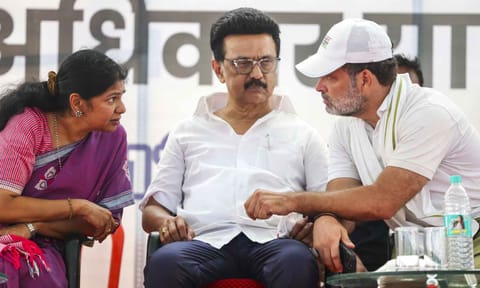 LoP in the Lok Sabha and Congress leader Rahul Gandhi, Tamil Nadu Chief Minister MK Stalin and DMK MP Kanimozhi during the 'Voter Adhikar Yatra', in Bihar (PTI) 