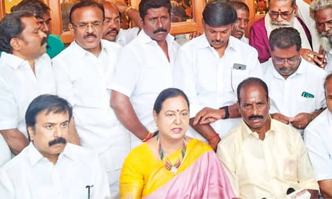 DMDK General Secretary Pramalatha Vijayakanth addresses media in Tiruchy
