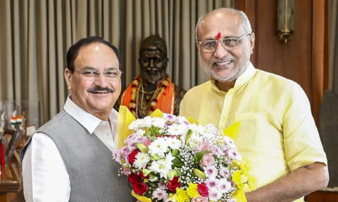 Union Minister and BJP National President JP Nadda with Maharashtra Governor and NDA's vice presidential candidate CP Radhakrishnan during his visit to the Maharashtra Raj Bhavan (PTI) 