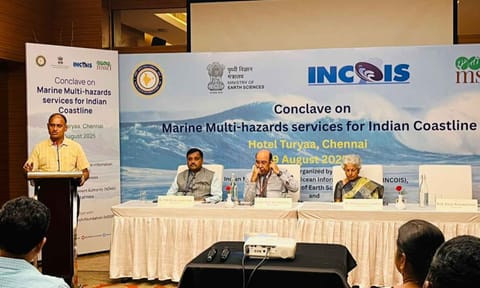 NIOT Director Balaji Ramakrishnan addressing at the Conclave on Marine-Multi hazards services for Indian coastline 