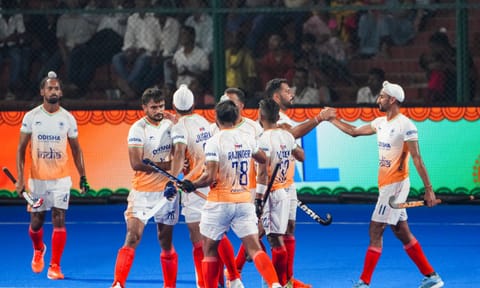 India's players during the Men's Hockey Asia Cup 2025 match between India and Kazakhstan in Rajgir, Bihar (PTI)