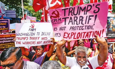 Left parties protesting against US President Trump for tariffs imposed on India, in Chennai on Friday