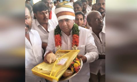 TVK general secretary N Anand at Siddhi Vinayagar temple in Tiruchy, placing the permission letter seeking divine blessings on Saturday 