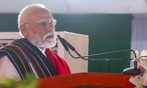 Prime Minister Narendra Modi during laying of foundation stone and inauguration of development works, in Churachandpur (PTI) 