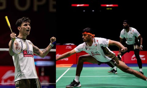 Lakshya Sen celebrates after entering the final; Satwiksairaj Rankireddy and Chirag Shetty in action during the match 
