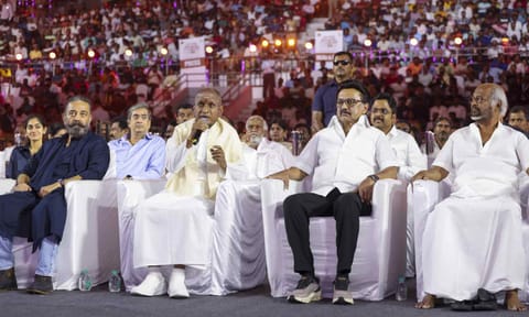 (L-R) Actor and Makkal Needhi Maiam chief Kamal Haasan, music composer Ilaiyaraaja, Chief Minister MK Stalin and actor Rajinikanth during Ilaiyaraaja's felicitation event organised by the state government, at the Jawaharlal Nehru Indoor Stadium, in Chennai (PTI) 