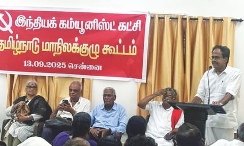 Newly elected CPI state secretary Veerapandian addressing party gathering on Saturday 