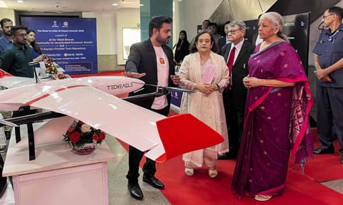 Finance Minister Nirmala Sitharaman visits the stalls set up by start-ups and interacted with entrepreneurs from the frontier tech industry at the NITI Aayog event, in New Delhi (PTI) 