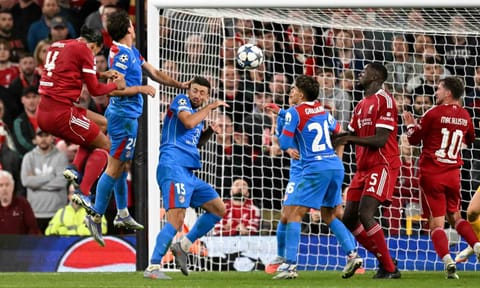 Virgil van Dijk leaps to score Liverpool's winning goal 