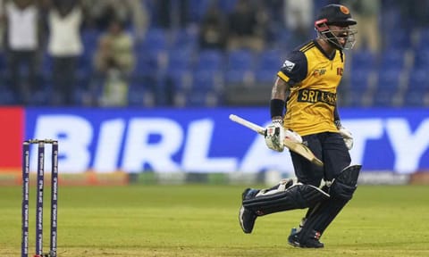 Sri Lanka's Kusal Mendis celebrates after hitting the winning runs against Afghanistan 