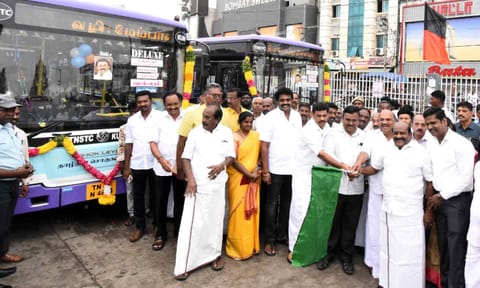 Higher Education minister Govi Chezhiaan flags off Ultra-Low Entry (ULE) buses in Thanjavur, on Friday 