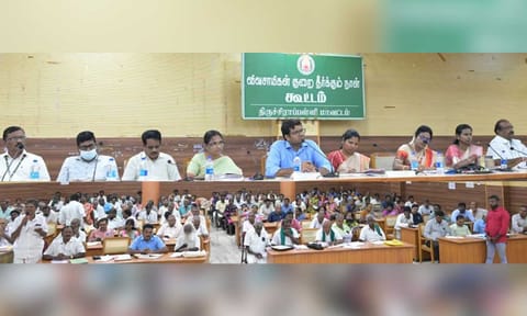 District Collector V Saravanan addressing the farmers during the grievances redressal meet on Friday 