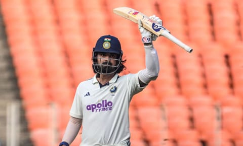 India's KL Rahul celebrates after scoring a half-century during the first day of the first Test cricket match between India and West Indies at the Narendra Modi Stadium in Ahmedabad (AFP)